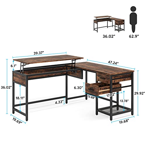 Tribesigns L Shaped Desk with Drawers, Corner Desk with Lift Top, 59 Inch Large Computer Desk, Standing Desk Height Adjustable with Storage Shelf for Home Office, Rustic Brown