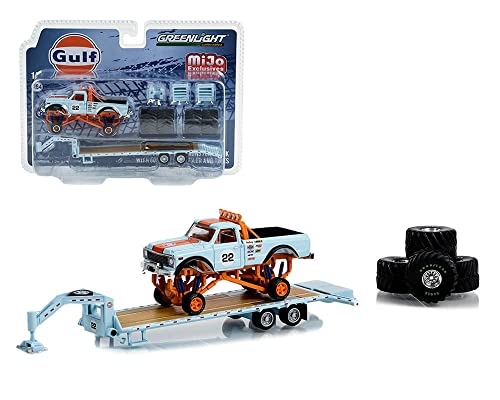 1:64 Scale Diecast Model Collectibles for 1972 Chevrolet K-10 Monster Truck with Gooseneck Trailer & Tires Gulf Racing by Greenlight 51432