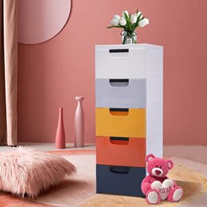 TFCFL Plastic Drawers Dresser,Storage Cabinet with 5 Drawers and 4 Wheels,Stackable Vertical Clothes Storage Tower,Closet Drawers Tall Dresser Organizer for Clothes Playroom Bedroom (Multicolor)