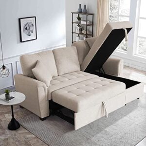 melpomene upholstered sectional sofa couch, convertible pull out bed sleeper sofa with storage 3 seater l shaped couch with 2 pillows,linen fabric corner sofa for living room(beige)