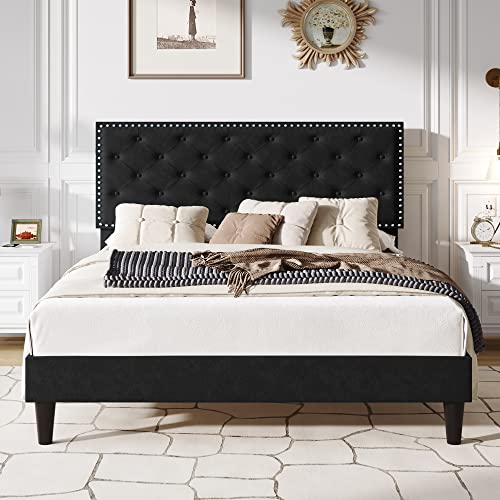 SHA CERLIN Queen Size Velvet Bed Frame, Upholstered Platform Bed with Adjustable Diamond Button Tufted Headboard, Rivet Ornament, Wood Slat Support, No Box Spring Needed, Easy Assembly, Black