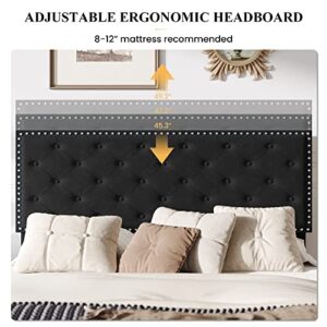 SHA CERLIN Queen Size Velvet Bed Frame, Upholstered Platform Bed with Adjustable Diamond Button Tufted Headboard, Rivet Ornament, Wood Slat Support, No Box Spring Needed, Easy Assembly, Black