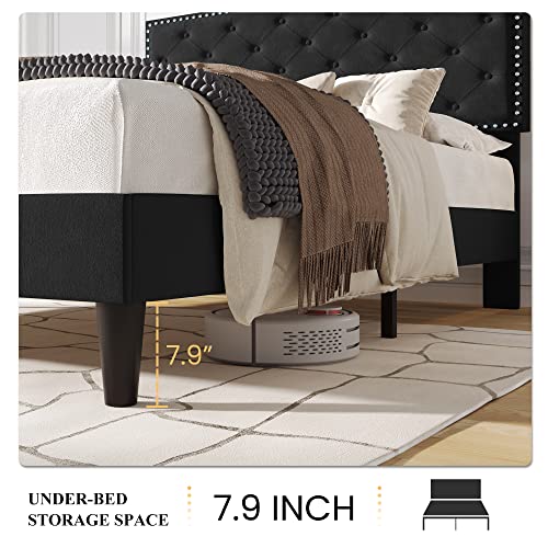 SHA CERLIN Queen Size Velvet Bed Frame, Upholstered Platform Bed with Adjustable Diamond Button Tufted Headboard, Rivet Ornament, Wood Slat Support, No Box Spring Needed, Easy Assembly, Black