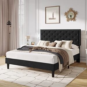 SHA CERLIN Queen Size Velvet Bed Frame, Upholstered Platform Bed with Adjustable Diamond Button Tufted Headboard, Rivet Ornament, Wood Slat Support, No Box Spring Needed, Easy Assembly, Black