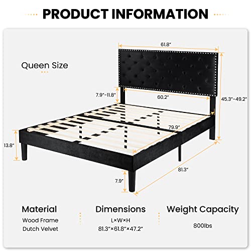 SHA CERLIN Queen Size Velvet Bed Frame, Upholstered Platform Bed with Adjustable Diamond Button Tufted Headboard, Rivet Ornament, Wood Slat Support, No Box Spring Needed, Easy Assembly, Black