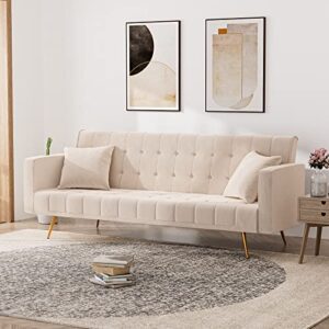 ouyessir velvet futon sofa bed with 2 pillows, convertible futon couch, sturdy sleeper sofa in 71 inch, small futon sofas (beige)