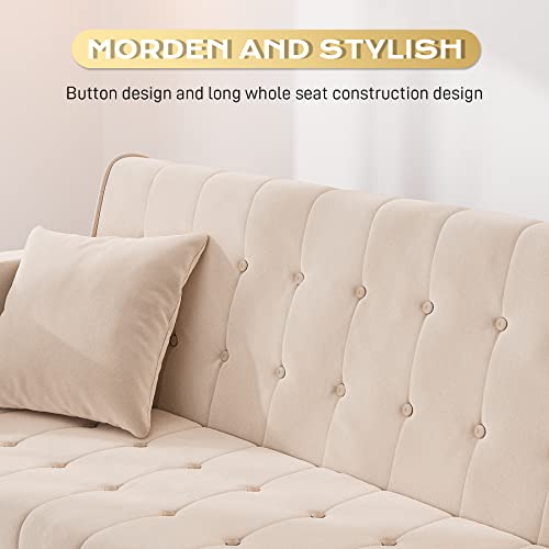 OUYESSIR Velvet Futon Sofa Bed with 2 Pillows, Convertible Futon Couch, Sturdy Sleeper Sofa in 71 inch, Small Futon Sofas (Beige)