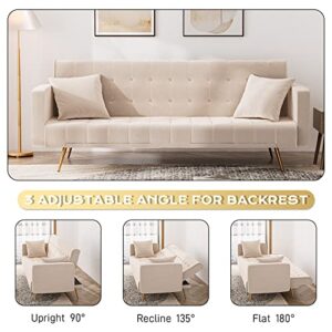 OUYESSIR Velvet Futon Sofa Bed with 2 Pillows, Convertible Futon Couch, Sturdy Sleeper Sofa in 71 inch, Small Futon Sofas (Beige)