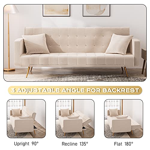 OUYESSIR Velvet Futon Sofa Bed with 2 Pillows, Convertible Futon Couch, Sturdy Sleeper Sofa in 71 inch, Small Futon Sofas (Beige)