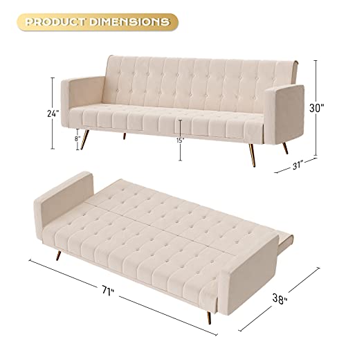 OUYESSIR Velvet Futon Sofa Bed with 2 Pillows, Convertible Futon Couch, Sturdy Sleeper Sofa in 71 inch, Small Futon Sofas (Beige)