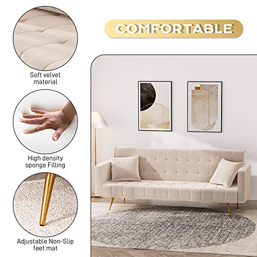 OUYESSIR Velvet Futon Sofa Bed with 2 Pillows, Convertible Futon Couch, Sturdy Sleeper Sofa in 71 inch, Small Futon Sofas (Beige)