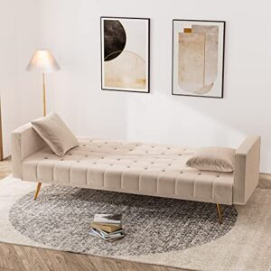 OUYESSIR Velvet Futon Sofa Bed with 2 Pillows, Convertible Futon Couch, Sturdy Sleeper Sofa in 71 inch, Small Futon Sofas (Beige)