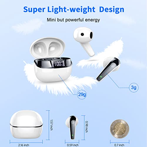 Renimer Wireless Earbud, Bluetooth 5.3 Headphones in Ear with Immersive Sound, Bluetooth Earbud Dual LED Display Wireless Earphones IP7 Waterproof Ear bud, 35H Playtime, Noise Cancelling, USB-C, White