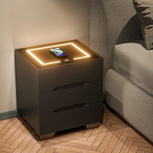smart nightstand with wireless charging station and led lights, black night stands with 3 drawers and usb charging port, modern bedside table for bedroom furniture