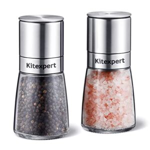 kitexpert salt and pepper grinder set, chunky glass pepper mill and salt grinder refillable with large capacity & upgraded grinding precision, stainless steel pepper mill grinder