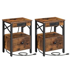 hoobro nightstands set of 2 with charging station, end table with drawer, usb ports and power outlets, farmhouse nightstand sofa table for bedroom, space saving, rustic brown and black bf128ubzp201g1