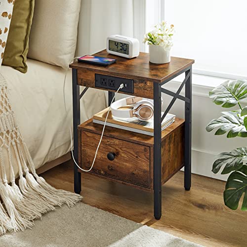 HOOBRO Nightstands Set of 2 with Charging Station, End Table with Drawer, USB Ports and Power Outlets, Farmhouse Nightstand Sofa Table for Bedroom, Space Saving, Rustic Brown and Black BF128UBZP201G1