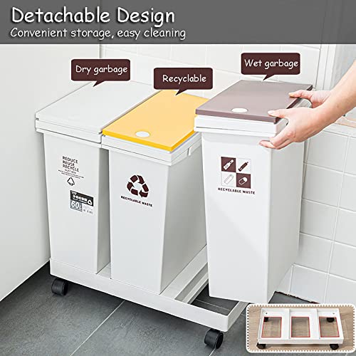 Kitchen Trash Can 16 gallon Recycle Bin,Triple Compartment Garbage Can,60L large capacity Trash Bins with Wheels,Plastic Waste Bin Sorting Garbage Container for Office Living Room,Grey,16 Gallon/60L