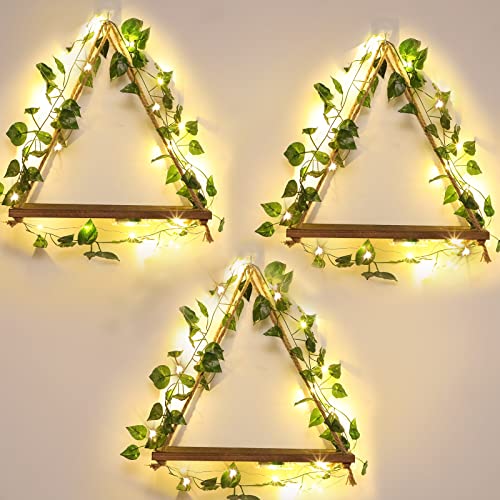 Artificial Ivy Garland LED Strip Wall Hanging Shelves Set of 3 Hanging Plant Shelf Wall Hanging Shelf for Bedroom Bathroom Living Room Kitchen, Wood Hanging Plant Shelves for Wall Decoration