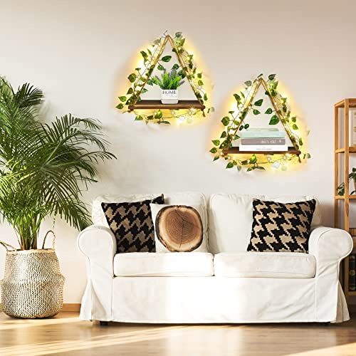 Artificial Ivy Garland LED Strip Wall Hanging Shelves Set of 3 Hanging Plant Shelf Wall Hanging Shelf for Bedroom Bathroom Living Room Kitchen, Wood Hanging Plant Shelves for Wall Decoration