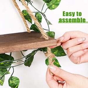 Artificial Ivy Garland LED Strip Wall Hanging Shelves Set of 3 Hanging Plant Shelf Wall Hanging Shelf for Bedroom Bathroom Living Room Kitchen, Wood Hanging Plant Shelves for Wall Decoration