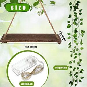 Artificial Ivy Garland LED Strip Wall Hanging Shelves Set of 3 Hanging Plant Shelf Wall Hanging Shelf for Bedroom Bathroom Living Room Kitchen, Wood Hanging Plant Shelves for Wall Decoration