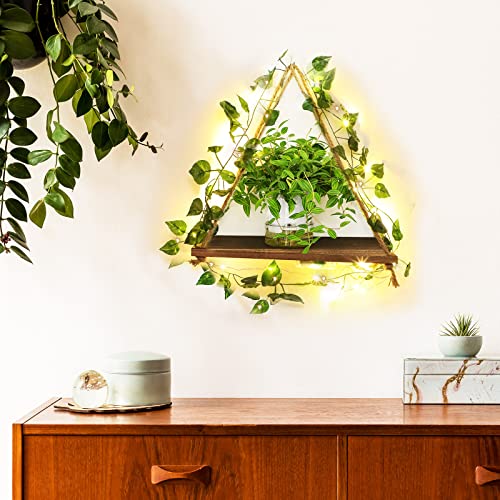 Artificial Ivy Garland LED Strip Wall Hanging Shelves Set of 3 Hanging Plant Shelf Wall Hanging Shelf for Bedroom Bathroom Living Room Kitchen, Wood Hanging Plant Shelves for Wall Decoration