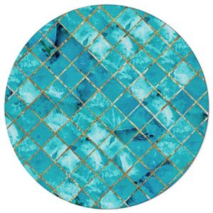 round area rug diamond check turquoise teal green non-slip bedroom round area rug watercolor soft sofa carpet dining room entryway foyer living room area rug 3 feet round