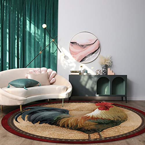 Round Area Rug Rooster Farmhouse Stars Non-Slip Bedroom Round Area Rug Red Marble Texture Soft Sofa Carpet Dining Room Entryway Foyer Living Room Area Rug 4 Feet Round