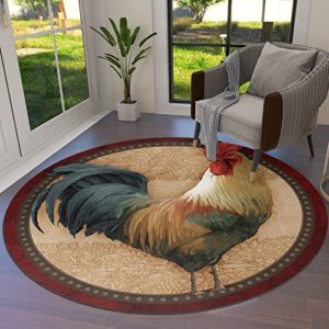 Round Area Rug Rooster Farmhouse Stars Non-Slip Bedroom Round Area Rug Red Marble Texture Soft Sofa Carpet Dining Room Entryway Foyer Living Room Area Rug 4 Feet Round