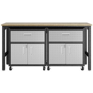 pemberly row space saving metal 3 piece garage storage set with two mobile cabinets with drawer and 72" w worktable