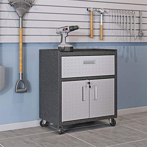 Pemberly Row Space Saving Metal 3 Piece Garage Storage Set with Two Mobile Cabinets with Drawer and 72" W Worktable