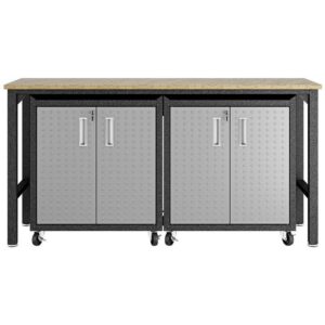 pemberly row space saving metal 3 piece garage storage set with 2 door mobile cabinet and 72" w worktable