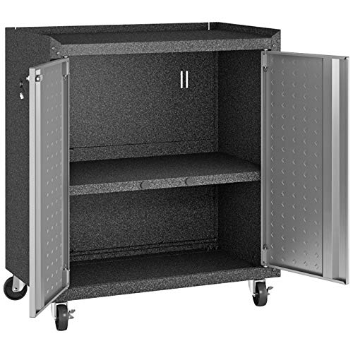 Pemberly Row Space Saving Metal 3 Piece Garage Storage Set with 2 Door Mobile Cabinet and 72" W Worktable