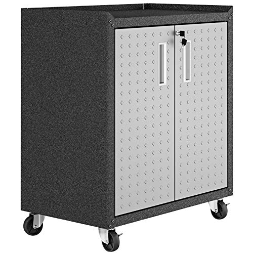 Pemberly Row Space Saving Metal 3 Piece Garage Storage Set with 2 Door Mobile Cabinet and 72" W Worktable