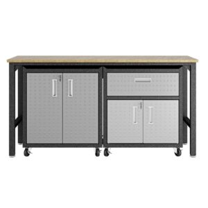 pemberly row space saving metal 3 piece garage storage set with 2 mobile cabinets with doors and 72" w worktable