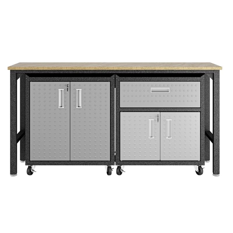 Pemberly Row Space Saving Metal 3 Piece Garage Storage Set with 2 Mobile Cabinets with Doors and 72" W Worktable