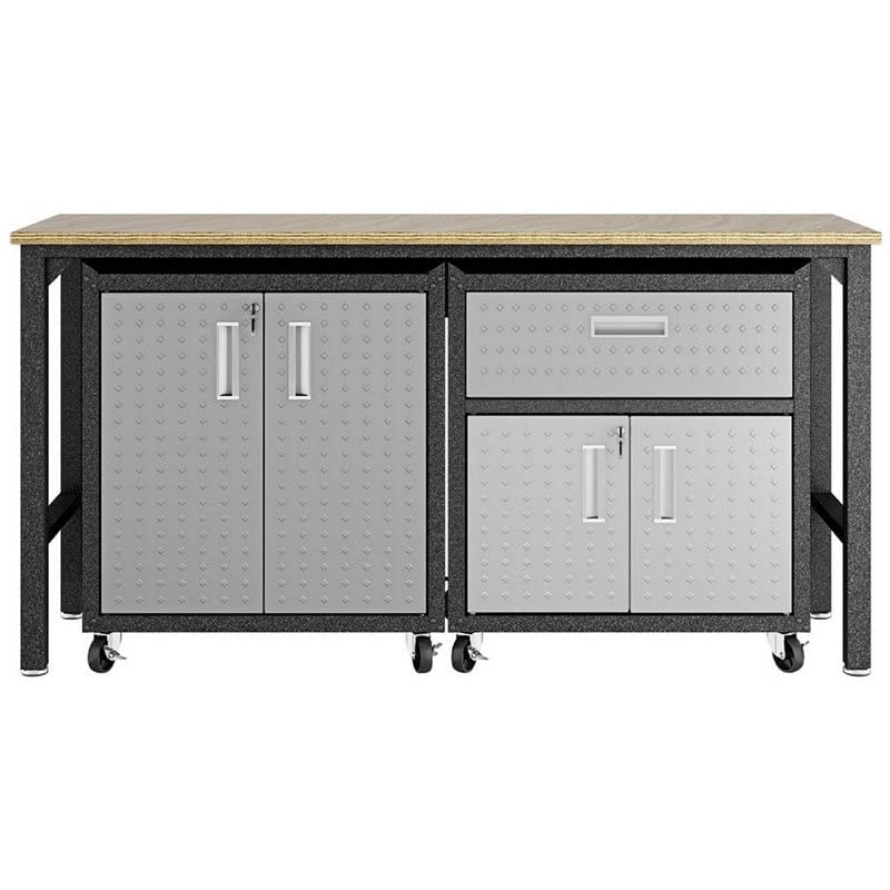 Pemberly Row Space Saving Metal 3 Piece Garage Storage Set with 2 Mobile Cabinets with Doors and 72" W Worktable