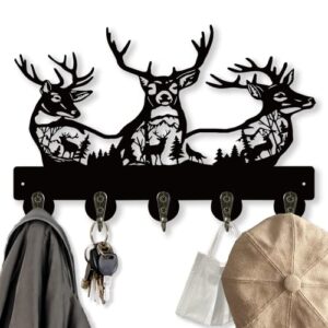 scitoy deer key hooks, animal theme wall mount organizer, wooden key holder / hanger with 5 metal hooks,19*29*3cm black home decoration for storage, living room, hallway, office