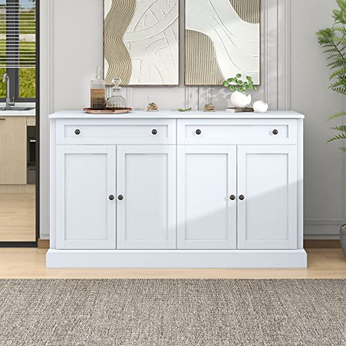 60“ Large Storage Cabinet Buffet Sideboard with 2 Drawers & 4 Doors, Wood Console Table Entryway Cupboard with Adjustable Shelves, Kitchen Dining Room Living Room Furniture Organizer (White-4)