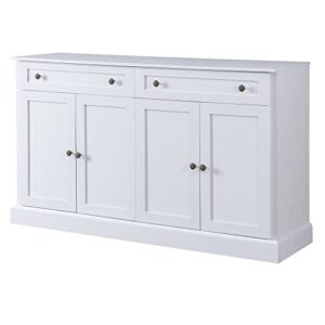 60“ Large Storage Cabinet Buffet Sideboard with 2 Drawers & 4 Doors, Wood Console Table Entryway Cupboard with Adjustable Shelves, Kitchen Dining Room Living Room Furniture Organizer (White-4)