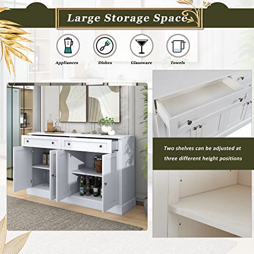 60“ Large Storage Cabinet Buffet Sideboard with 2 Drawers & 4 Doors, Wood Console Table Entryway Cupboard with Adjustable Shelves, Kitchen Dining Room Living Room Furniture Organizer (White-4)