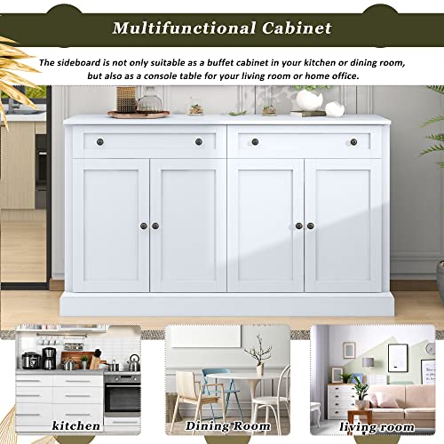 60“ Large Storage Cabinet Buffet Sideboard with 2 Drawers & 4 Doors, Wood Console Table Entryway Cupboard with Adjustable Shelves, Kitchen Dining Room Living Room Furniture Organizer (White-4)