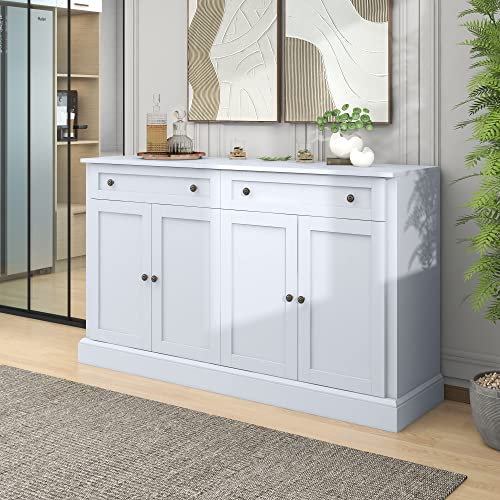 60“ Large Storage Cabinet Buffet Sideboard with 2 Drawers & 4 Doors, Wood Console Table Entryway Cupboard with Adjustable Shelves, Kitchen Dining Room Living Room Furniture Organizer (White-4)