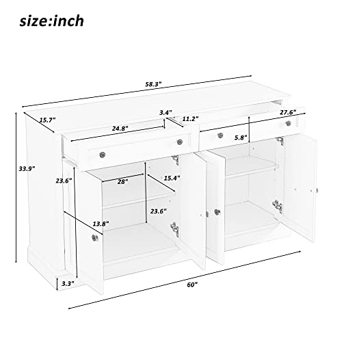 60“ Large Storage Cabinet Buffet Sideboard with 2 Drawers & 4 Doors, Wood Console Table Entryway Cupboard with Adjustable Shelves, Kitchen Dining Room Living Room Furniture Organizer (White-4)