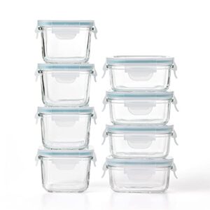 glasslock mini reusable 5 ounce rectangular and 7 ounce square tempered glass food storage container set for fridge and freezer, 8 piece set