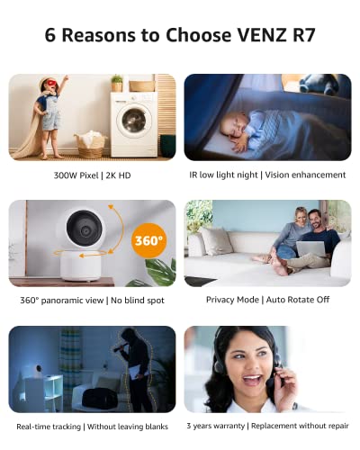 VENZ Security Camera, 2K 3MP Indoor Camera 360° Pan/Tilt View, Baby Monitor with Camera and Audio, 2.4G WiFi Pet Dog Camera with Phone App,Compatible with Alexa and Google Assistant