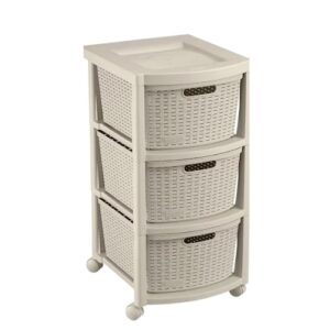 plastic chest of drawers with 3 colored drawers, drawer organizer 25in x 15.35in x 13in, structure with sliding wheels, drawers with modern design, storage.