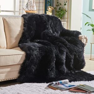 sheepskin blanket, real fur throw, luxuriously plush, really warm and super soft for queen size beds & couches (obsidian black, 50x60)