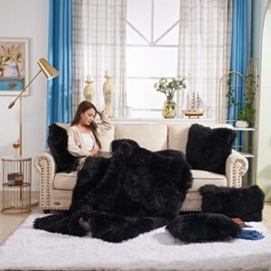 Sheepskin Blanket, Real Fur Throw, Luxuriously Plush, Really Warm and Super Soft for Queen Size Beds & Couches (Obsidian Black, 50x60)